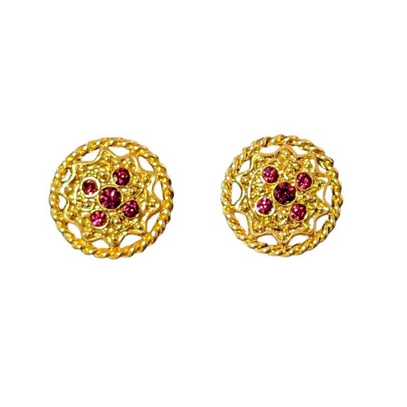 Vintage Estate Statement Earrings Amethyst Rhinestone Medallion Gold Tone MCM - Picture 1 of 5